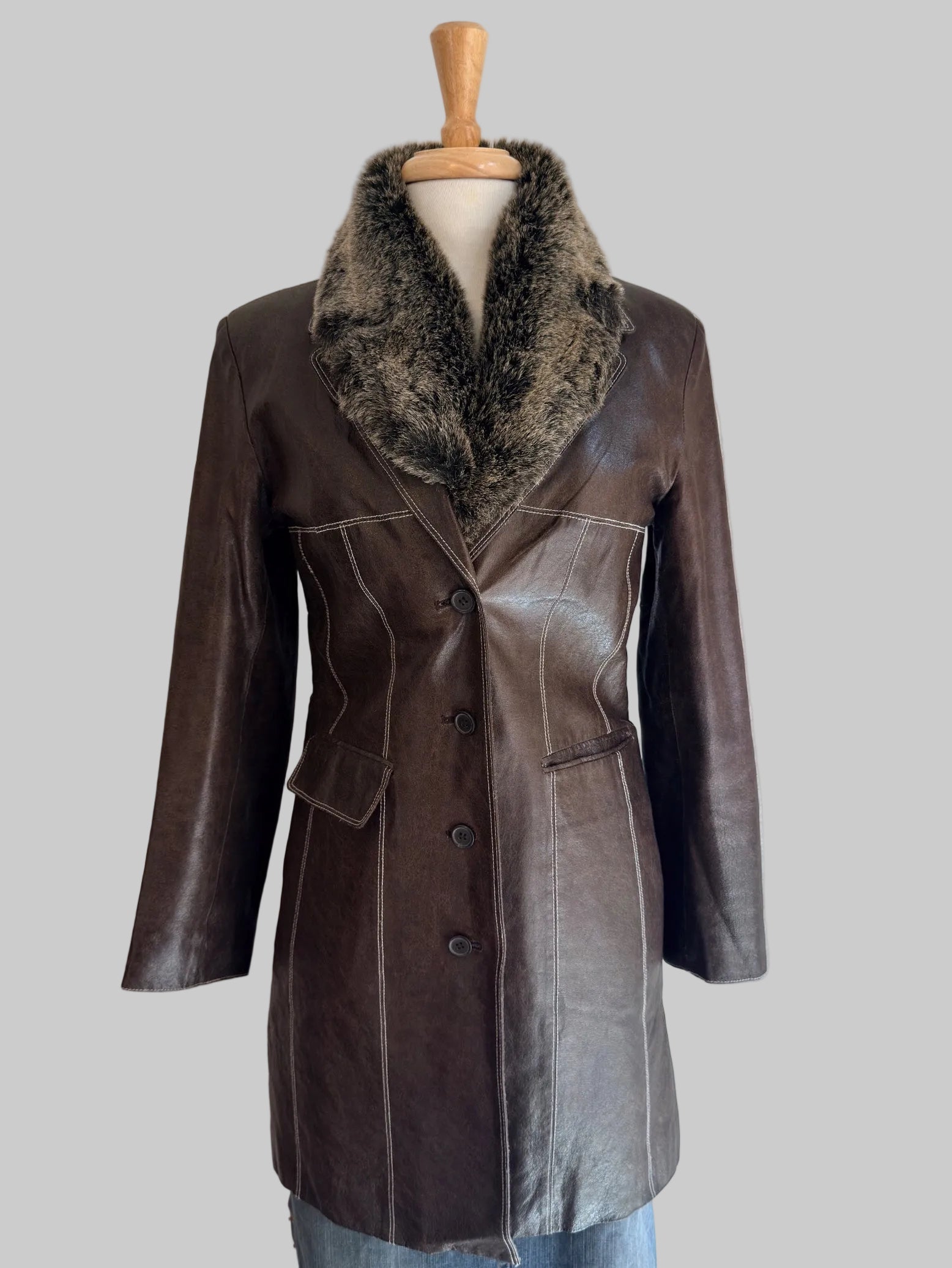 Vintage Brun Skinnkappa med Pälskrage