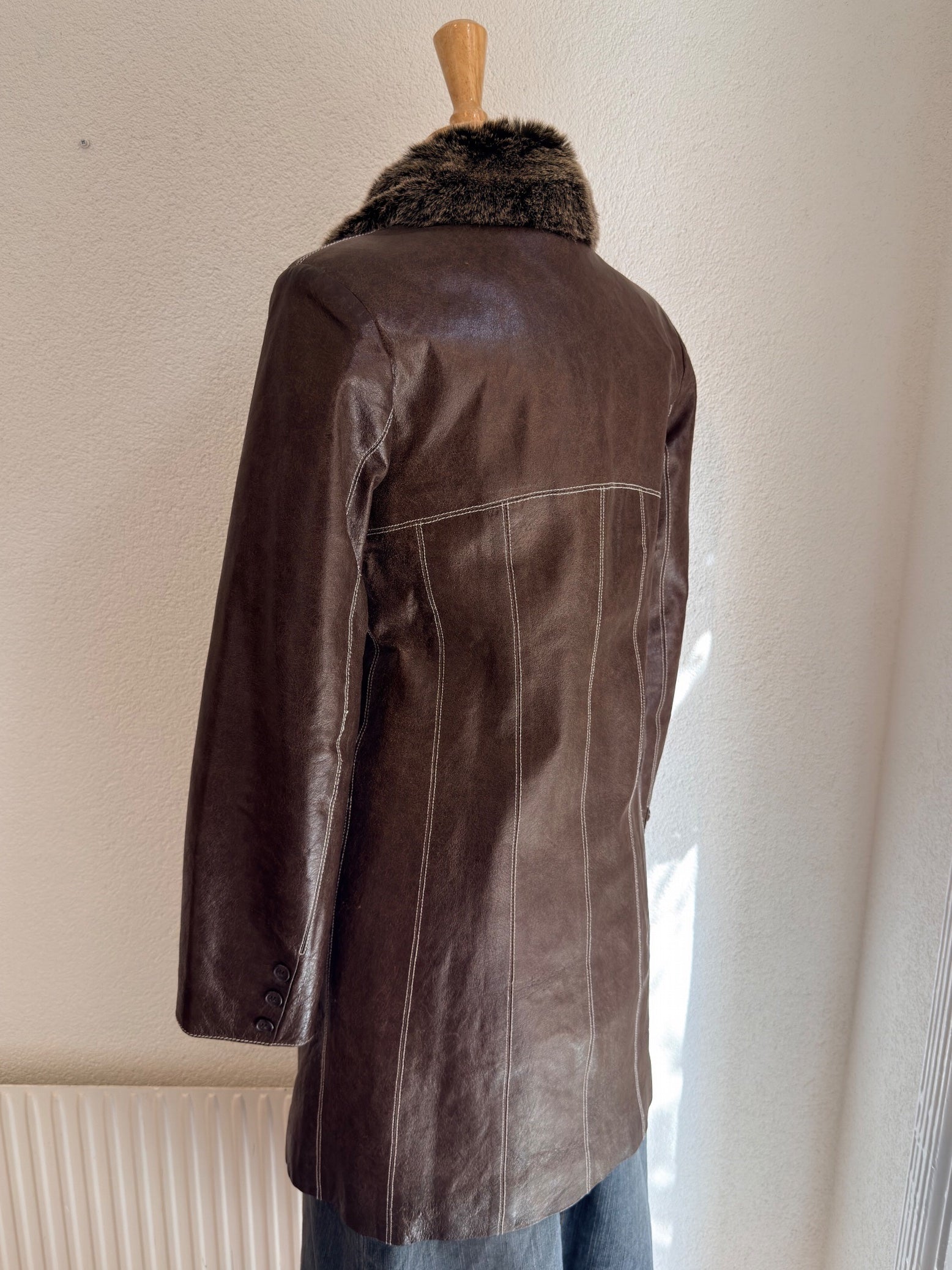 Vintage Brun Skinnkappa med Pälskrage